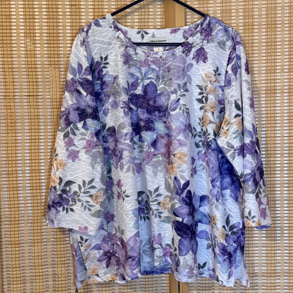 Alfred Dunner Purple Floral Beaded Neck Textured Top 2X Womens 3/4 Sleeve Blouse